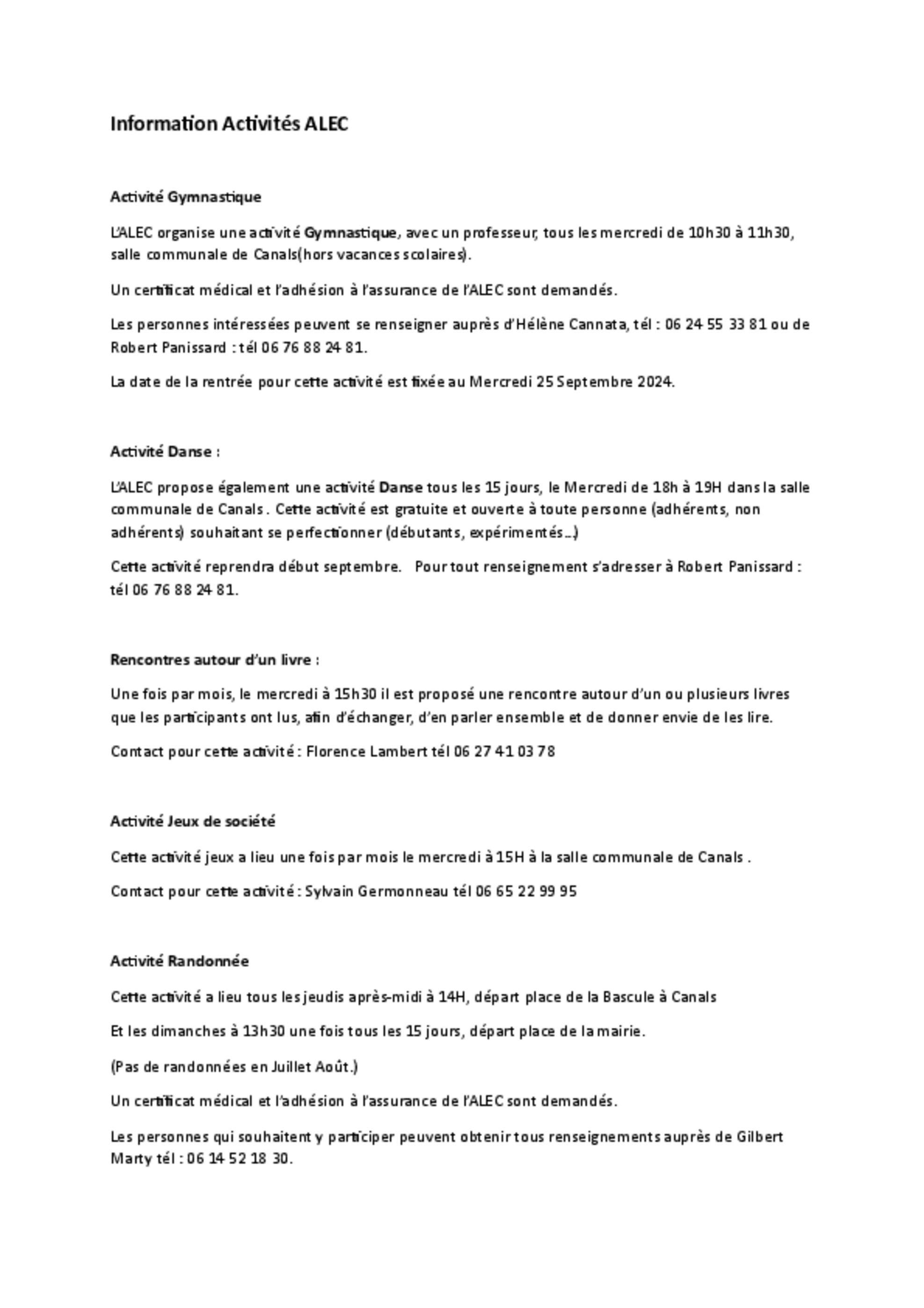Liste des activités proposées par l'ALEC