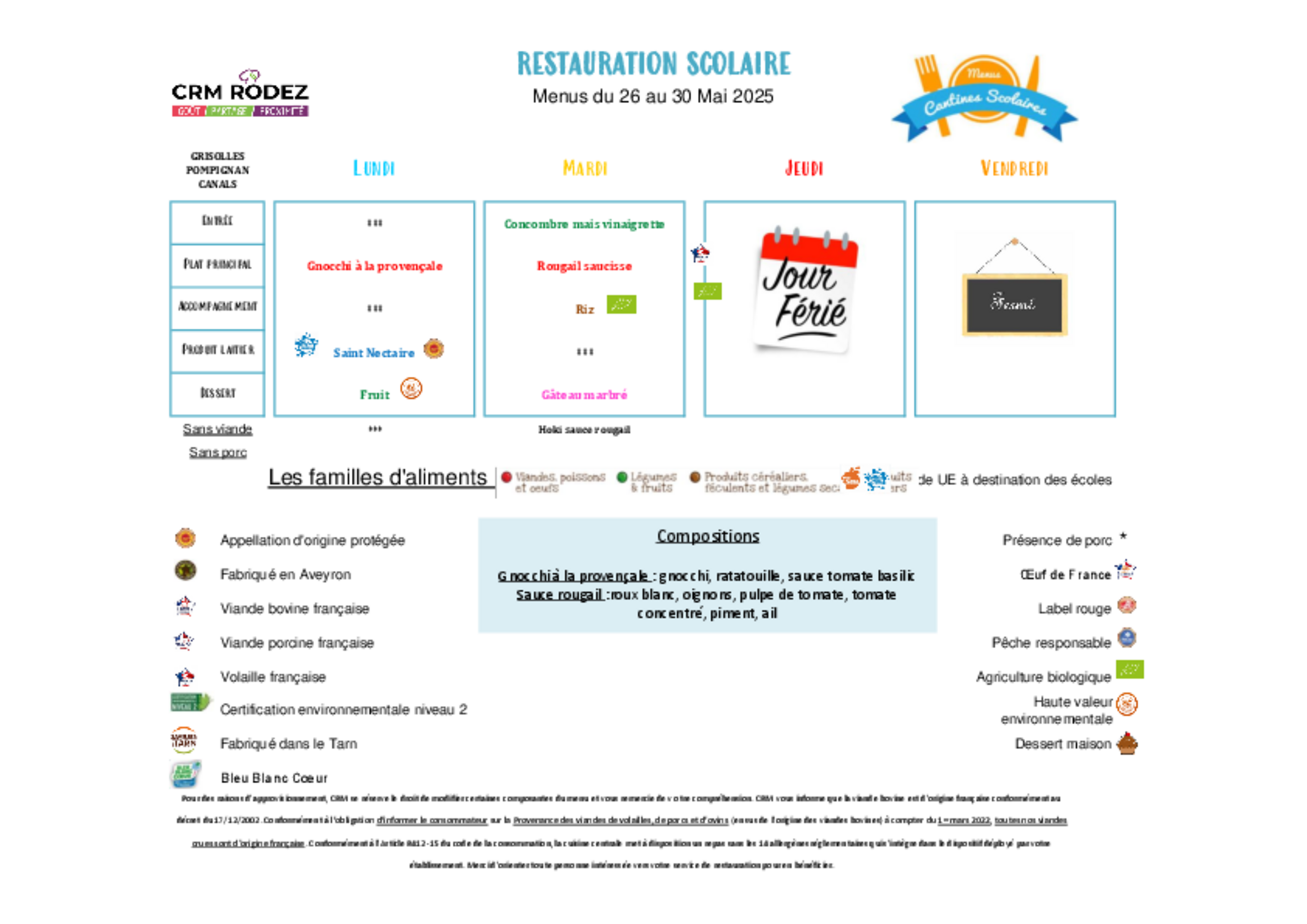 Menu du 26 au 30 mai 2025